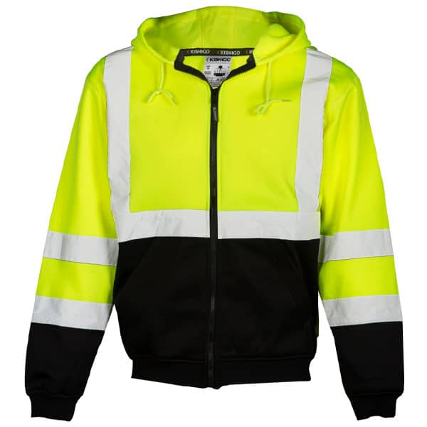 Kishigo Hi-Viz Hooded Full Zip Sweatshirt 3 Kishigo Safety Green Full Zip Hooded Sweatshirt