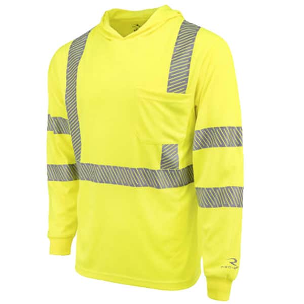 Radians Class 3 Long Sleeve Mesh Hooded Shirt 2 radians hooded t-shirt safety green with reflective stripes