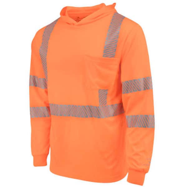 Radians Class 3 Long Sleeve Mesh Hooded Shirt 3 radians hooded t-shirt safety orange with reflective stripes